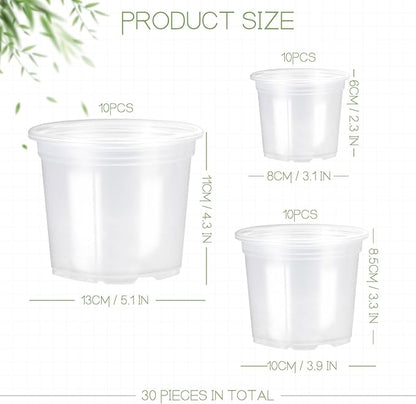 3/4/5 Inch Nursery Pot,30 Pack Clear Pots with Drainage, Plastic Pots for Planting Vegetables Flowers Seedlings