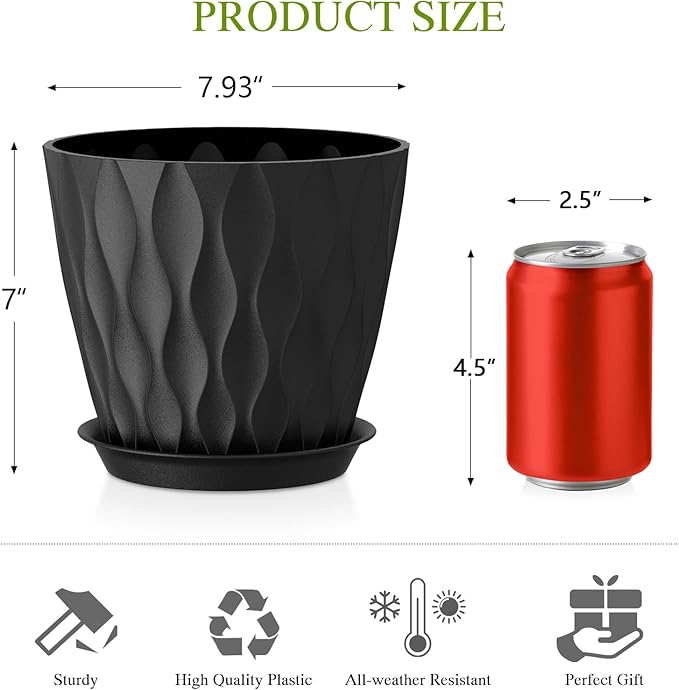 Plastic Plant 8 Inch, 4 Pack with Drainage Holes & Saucers, Water Wave Decorative Plant Pots for Indoor Outdoor Plants, Patio, Garden, Home Decor (4, Black)