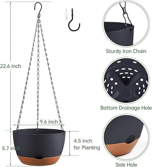 Hanging Planters for Indoor Plants, Set of 2 8/10 Inch Self-Watering Hanging Pots with Drainage Hole & Removable Water-Storage Tray II Screw-in Hooks II