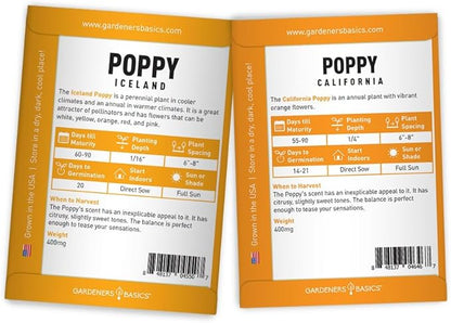 Gardeners Basics Poppy Seeds for Planting Outdoors Flower Seeds (Variety Pack of 4) Poppies Iceland, California, California Mikado and Red Corn Varieties for Bees, Pollinators Wildflower Seed