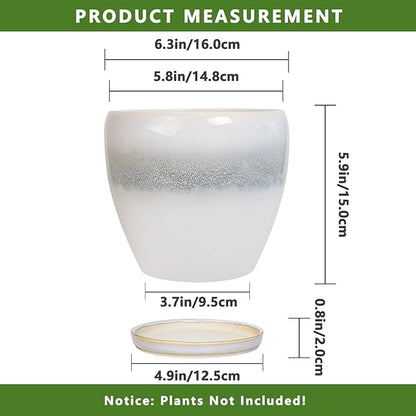 6.3 Inch Plant Pot - Ceramic Planters for Indoor Ourdoor Plants, Modern Succulent Pot, Round Planter with Drainage Hole and Saucer, Room Office Garden Home Decor, Plant Lover Gift, White-Grey