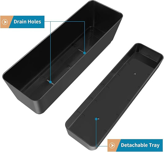 Window Box Planter with Tray, 12" Rectangle Plant Pot, Pack of 3 (Black)