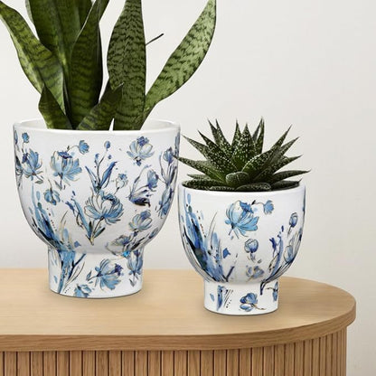 7.6/5.5 Inch Decorative Flower Pots, Blue and White Plant Pot Gold Accent Ceramic Planters for Indoor Plants Pots with Drainage Retro Planter Pot for Succulents Cactus Herb Snake Plants Outdoor Garden