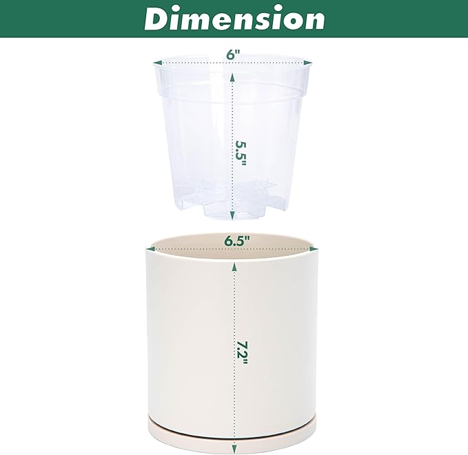 D'vine Dev Double-Layer Planter Set – Rotating Plastic Cachepot with Clear Inner Liner for Root Health, Perfect for Indoor Plants, 6.5", Oatmeal, 73-U-D-2