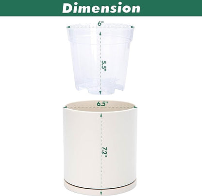 D'vine Dev Double-Layer Planter Set – Rotating Plastic Cachepot with Clear Inner Liner for Root Health, Perfect for Indoor Plants, 6.5", Oatmeal, 73-U-D-2