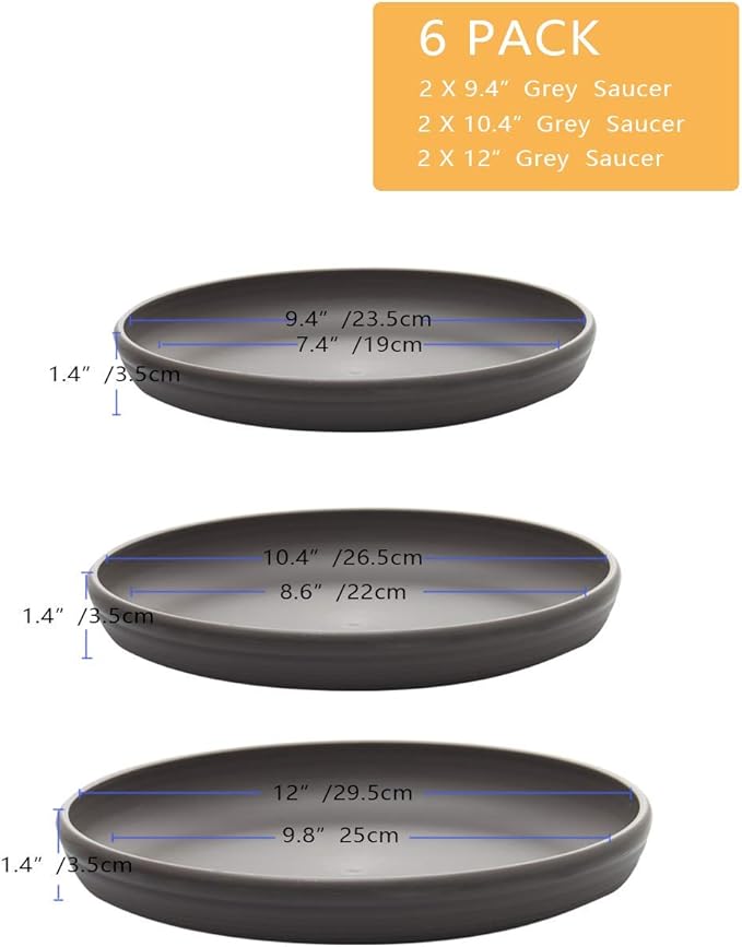 SAROSORA Round Plastic Plant Saucer Drip Tray Set of 6 for Indoor Outdoor Home Garden Flower Plant Container Flower Pot Pallets ((9.4''+10.4"+12'') x2, Dark Grey)