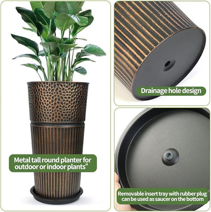 2 Pcs Pack Metal Tall Tapered Planter Pots Large Round Planter Flower Pot with Drainage Holes for Indoor Outdoor Deck Porch Garden Home Patio Front Door (Antique Copper, L)