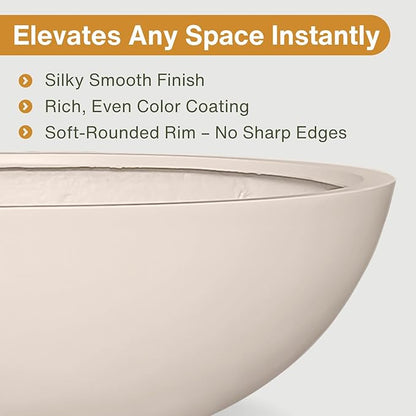 6.9" H x 19.7" D Round Bowl Fiberstone Planter for Succulent and Lotus with Drainage Hole, Smooth Finishes, Weather Resistant, Included 2 Extra Coco Mats (Kilim Beige, 17.9" Pot Opening)