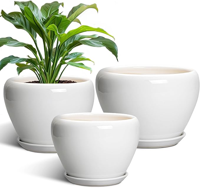 10+8+6 Inch Ceramic Planter, Ceramic Pots for Plants Indoor Outdoor, Round Plant Pots with Drainage Holes and Saucers, Modern Planter, Home Decor, Gardening Gifts for Women, Set of 3, White