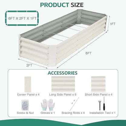 Galvanized Raised Garden Bed - 6x2x1ft (2Packs) Metal Garden Planter Box Outdoor | Steel Raised Bed Kit with Bracing Rods, Gloves for Gardening Vegetables Fruits and Flowers (White)