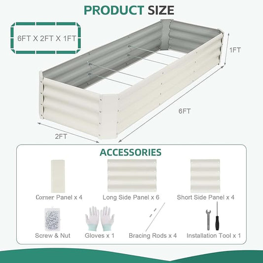 Galvanized Raised Garden Bed - 6x2x1ft (2Packs) Metal Garden Planter Box Outdoor | Steel Raised Bed Kit with Bracing Rods, Gloves for Gardening Vegetables Fruits and Flowers (White)