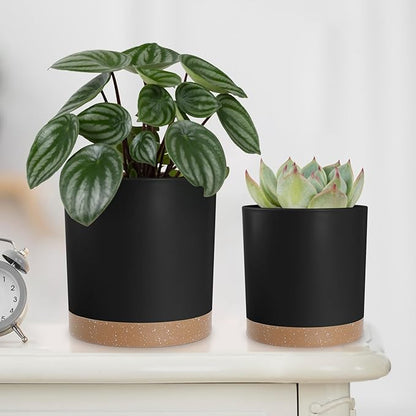 Plant Pots with Drainage Holes and Saucers – 7, 6.5, 6, 5, 4 Inch Plastic Planters for Indoor Outdoor Plants, Modern Matte Finish, Lightweight & Durable（Black）