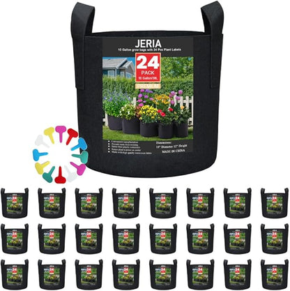 JERIA 24-Pack 10 Gallon Nonwoven Grow Bags, Plant Grow Bags，Heavy Duty Aeration Fabric Pots with Durable Handles, Come with 24 Pcs Plant Labels