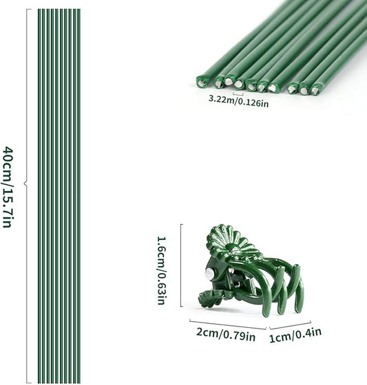 10Pcs Plant Support Stakes with 15 Pcs Plant Clips, Plant Sticks for Indoor and Outdoor Plants, Orchid Clips and Stakes,16inch Tall Bendable Single Stem Flower Stakes Bendable (10, Green-16inch)