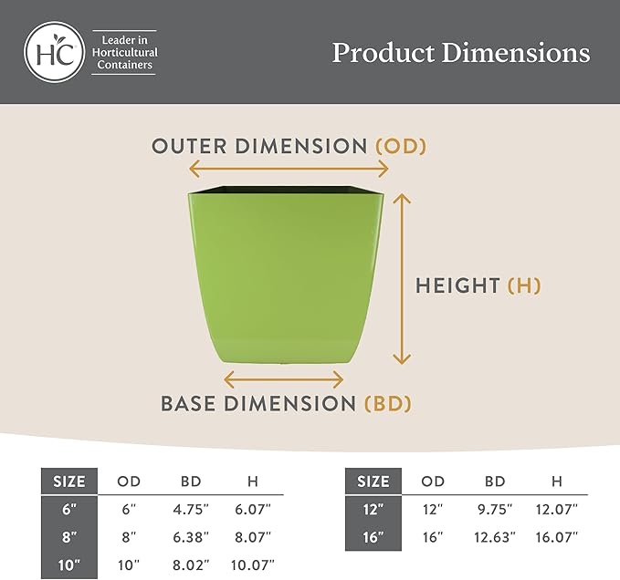 The HC Companies Aria Self Watering Square Plant Pot w/Drainage - Planters for Outdoor Plants & Indoor Plants - Lightweight & UV-Resistant Plastic Pots for Plants (6" Glossy Green, Pack of 2)