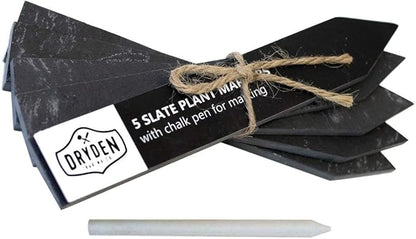 Premium Natural Slate Plant Markers - Set of 5 Stakes - Comes with Chalk Pen - Dryden Trading Co. - Dark Garden Labeling Herb Tags