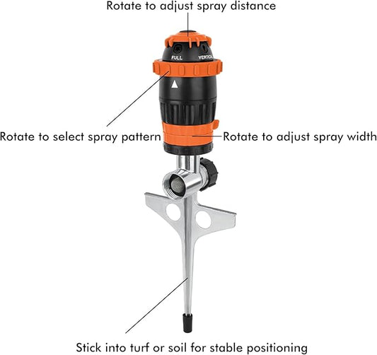 [2 Pack] RESTMO Gear Drive Sprinkler with Metal Spike Base, 5-Pattern Heavy Duty Gardening Watering System, Multi-Adjustable Lawn Sprinkle for Garden Plant, Flower Bed and Large Yard Area, Orange