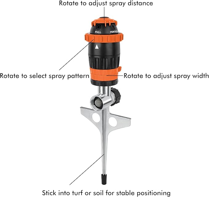 RESTMO Gear Drive Sprinkler with Metal Spike Base, 5-Pattern Heavy Duty Gardening Watering System, Multi-Adjustable Lawn Sprinkle for Garden Plant, Flower Bed and Large Yard Area Watering, Orange
