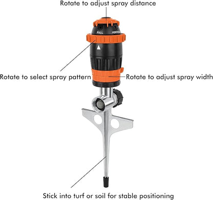 RESTMO Gear Drive Sprinkler with Metal Spike Base, 5-Pattern Heavy Duty Gardening Watering System, Multi-Adjustable Lawn Sprinkle for Garden Plant, Flower Bed and Large Yard Area Watering, Orange