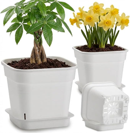 6 Pack 6/8/10 Inch Square Plant Pots with Saucers - 24-Strip Airflow Drainage for Root Health - Heavy Duty 5mm Thick White Plastic Orchid Planters for Indoor Outdoor Flowers, Herbs & Succulents