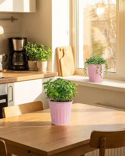 vensovo 5 Inch Pink Metal Rustic Flower Pots - 6Pcs Medium Galvanized Planters with Drainage Hole and Rubber Plug, Rustproof Metal Bucket Plant Pots Farmhouse Vintage Style for Decor