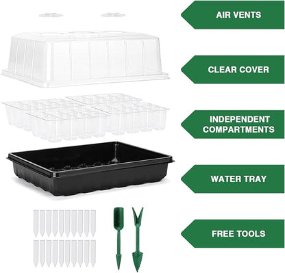 Delxo 3 Pack Seed Starter Kit Large Seedling Starter Tray(144 Cells) Total with Humidity Domes - Adjustable Vents & Deep Base Germination Kit for Indoor Gardening - Includes 10 Tags & Tools
