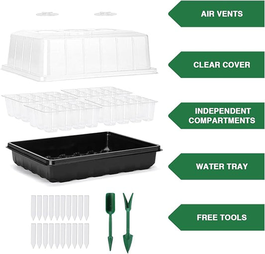 Delxo 3 Pack Seed Starter Kit Large Seedling Starter Tray(144 Cells) Total with Humidity Domes - Adjustable Vents & Deep Base Germination Kit for Indoor Gardening - Includes 10 Tags & Tools