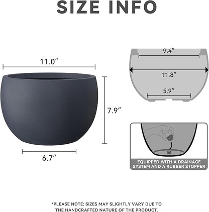 Kante 11.8" Dia Round Concrete Planter, Outdoor/Indoor Large Bowl Plant Pots with Drainage Hole and Rubber Plug for Garden Patio Balcony Home, Charcoal