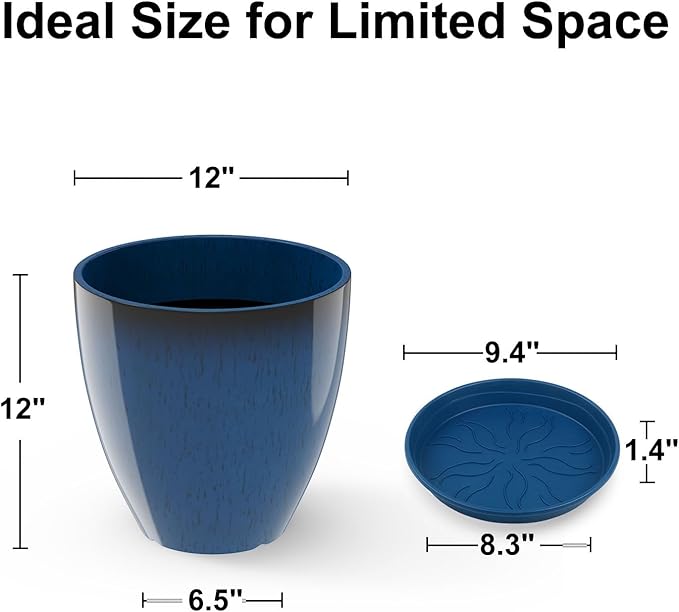 GameXcel Flower Pot Indoor - Outdoor Plant Pot - Navy Blue Glossy Planter - Elegant Ceramics Imitation - 12" Diameter 12" Tall with Drainage Holes and Saucer