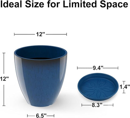 GameXcel Flower Pot Indoor - Outdoor Plant Pot - Navy Blue Glossy Planter - Elegant Ceramics Imitation - 12" Diameter 12" Tall with Drainage Holes and Saucer