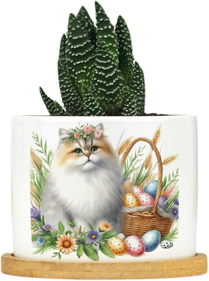 DreamAutumn Watercolor Easter Cat Ceramic Flower Pots,Gardening Plant Pot with Drainage Holes and Saucers Round Ceramic Pots for Indoor Plants Succulent Herbs Cactus Pots for Dad Papa Grandpa
