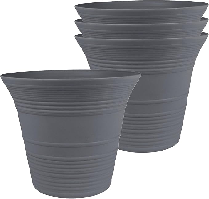 The HC Companies 9 Inch Sedona Round Self Watering Planter Pots, Lightweight UV-Resistant Plastic Indoor & Outdoor Planters, 4-Pack Flower Pots for Garden & Home Decor, Warm Gray