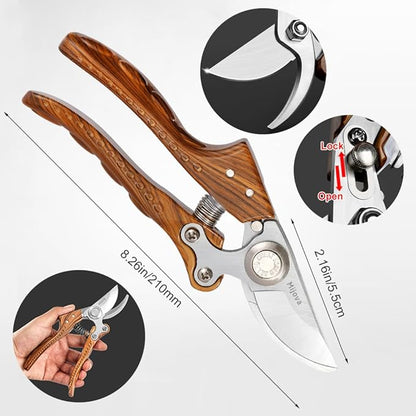 Garden Pruners, Heavy Duty Garden Clippers, Pruning Shears with Adjustable Thumb Lock, Hand Gardening Tools Pruners, High Carbon Steel Sharp Gardening Scissors (wood grain)