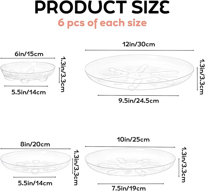 YOUEON 24 Pack Clear Plant Saucers with Feet, 6/8/10/12 Inch Heavy Duty Plastic Plant Drip Trays, Flower Pot Trays, Plant Water Catcher Tray for Indoor & Outdoor Plants, Round, 4 Sizes