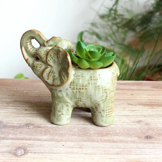 Cute Animal Elephant Shaped Ceramic Succulent Cactus Air Plant Flower Pots Planters-Plant Not Included (Green)