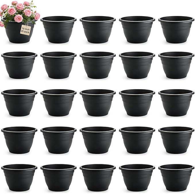 25 Pack 10 Inch Plant Pots with Drainage Holes,Black Plastic Flower Pots for Indoor & Outdoor Plants,Durable Lightweight Planters for Flowers,Herbs & Gardening