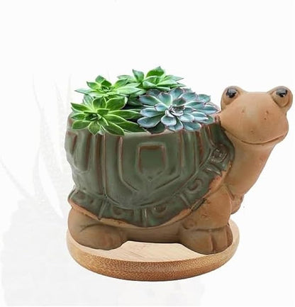 Decorative Ceramic Planter with Bamboo Base Indoor Plant Holder Animal Shaped Ceramic Succulent Pot with Drainage Mini Succulent Plants Cactus Planter (Tortoise)