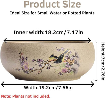 Lotus Bowl Planter, Ceramic Water Lily Bowl, Hydroponic Bonsai Lotus Bowls for Water Plants Indoor, Succulent Pots, Leak-Proof Design, Chirping Birds and Blooming Flowers (7.56in*2.76in)