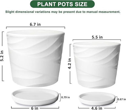 6.7 + 5.5 Inch Plant Pot, Ceramic Planter with Drainage and Saucer,Ceramic Pots for Plants, Indoor Plant pots,Succulent Orchid Flower Pot(Pure White)