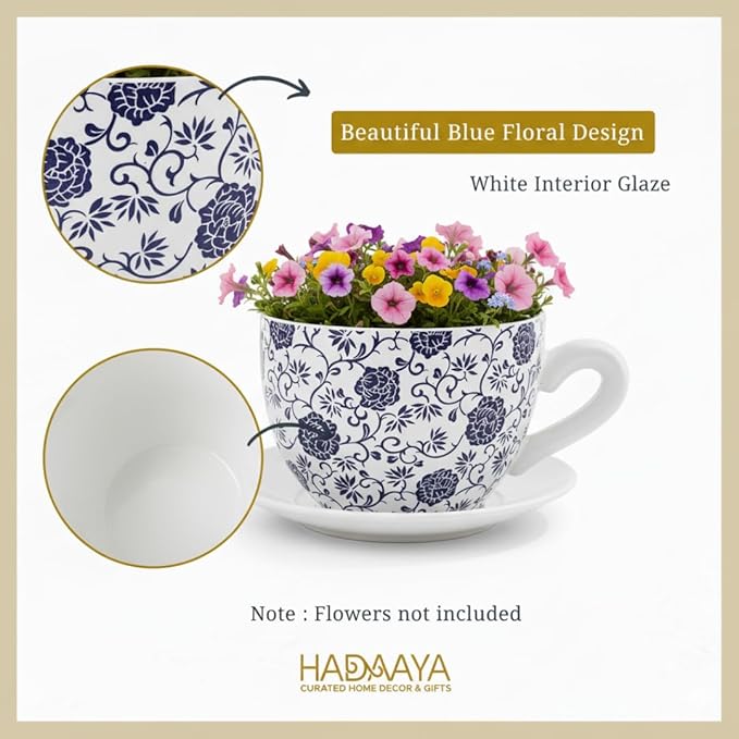 7.5" Ceramic Teacup Planter Pot with Saucer | Ideal for Succulents, Orchids, Herbs & Flowers | Indoor Use| Gift for Valentine's Day, Gift Basket, Sympathy & More – White Blue Floral