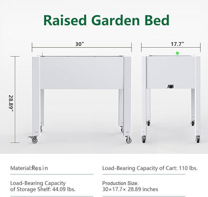 Raised Garden Bed with Legs, 28.9" Tall Self-Watering Raised Planter Box with Lockable Wheels, Drainage Plug and Gauge for Vegetables Flowers, Rustproof Resin for Backyard Patio (Ashen)
