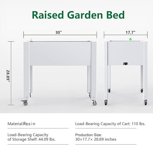 Raised Garden Bed with Legs, 28.9" Tall Self-Watering Raised Planter Box with Lockable Wheels, Drainage Plug and Gauge for Vegetables Flowers, Rustproof Resin for Backyard Patio (Ashen)