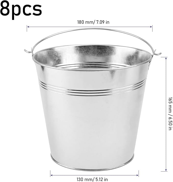 KINJOEK 8 Packs 7 Inch Galvanized Metal Bucket with Handle, Round Flower Pot Plant Rustic Basket, Galvanized Planter Pail for Balconies, Gardens Patios, Office, Indoor Outdoor Parties Wedding Decor
