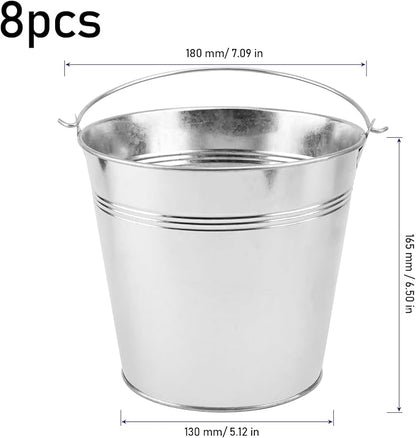 KINJOEK 8 Packs 7 Inch Galvanized Metal Bucket with Handle, Round Flower Pot Plant Rustic Basket, Galvanized Planter Pail for Balconies, Gardens Patios, Office, Indoor Outdoor Parties Wedding Decor