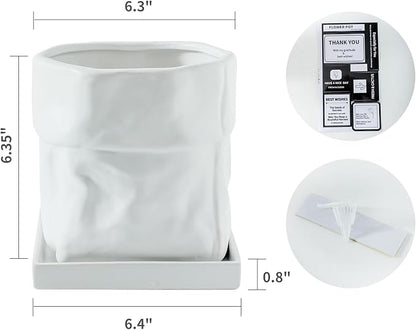 Nihow Ceramic Plant Pot: 6 Inch Planter with Drainage Hole & Square Saucer for Herbs/Plants, Bag Shape Design Flower Pot for Indoor & Outdoor Garden Decor - White