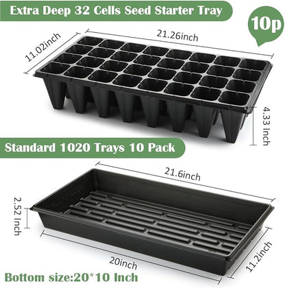 10 Pack 1020 Trays No Holes and 10 Pack 4.3" Deep 32 Cell Seed Starter Trays, 20" x 10" - Heavy Duty Plastic Nursery Flats for Seed Germination & Plant Propagation (10 Sets)