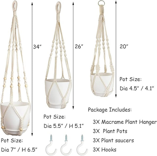 Macrame Plant Hangers with Pots and Saucers, 3 Pack Hanging Planters for Indoor Plants Hanging Plant Holders with Hooks 34" / 26" / 20"