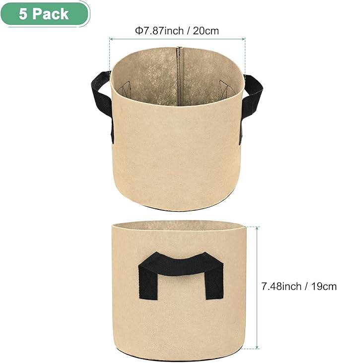 5-Pack Plant Grow Bags 2 Gallon Grow Bags 300G Thickened Fabric Pots with Durable Handles Plant Garden Grow Pots for Fruits/Vegetables/Flowers/Plants [Khaki]