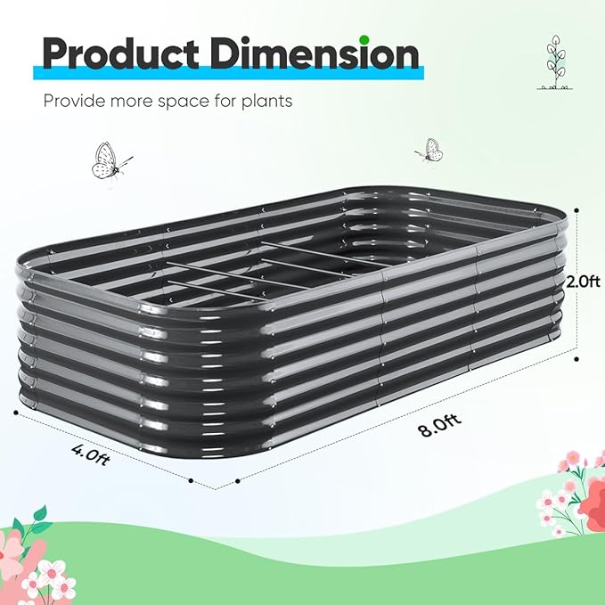 Quictent Galvanized Raised Garden Bed Kit, 8x4x2 ft Oval Metal Planter Box Tall for Vegetables Outdoor Backyard, Strengthened by Crossbar, Dark Gray