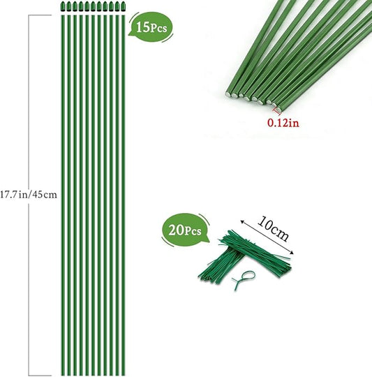 15Pcs Orchid Stakes,SupKing 17.7 Inch Plant Support Sticks Invisible Bendable Green Pole Rods for Small Indoor Outdoor Potted Plants Comes 20Pcs Ties